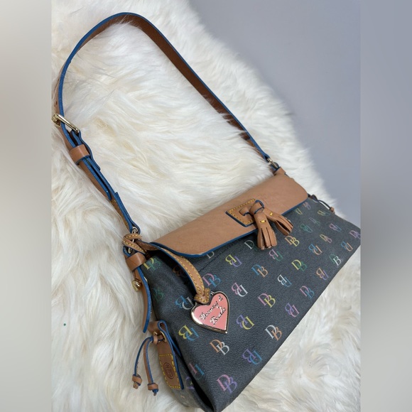 Dooney & Bourke “ Vintage It Bag” Leather Baguette Rainbow Monogram Blue Trim - Picture 3 of 17